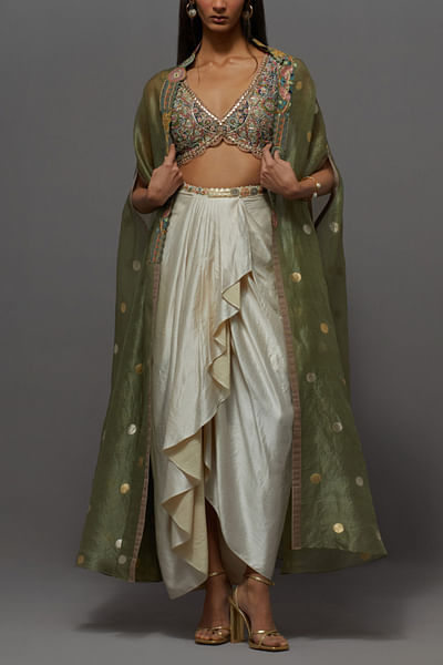 Ivory and green skirt and cape set