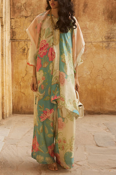 Ivory and ice blue floral printed kurta set