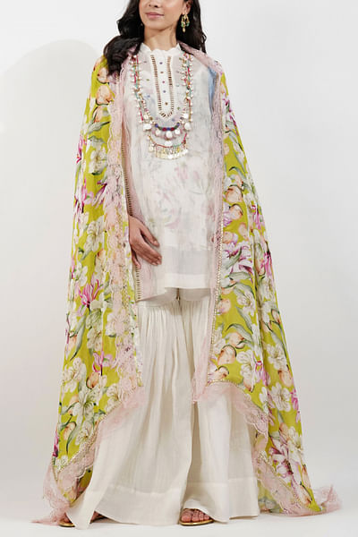 Ivory and lime tasselled kurta and gharara set