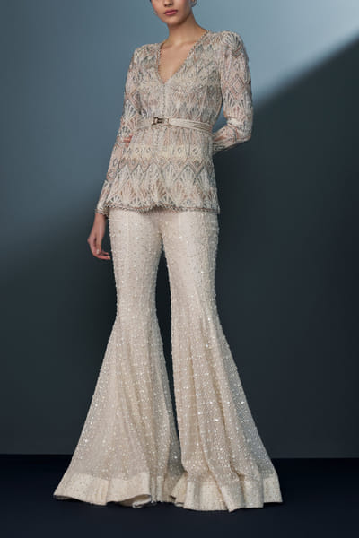 Ivory and pastel embellished jacket sharara set