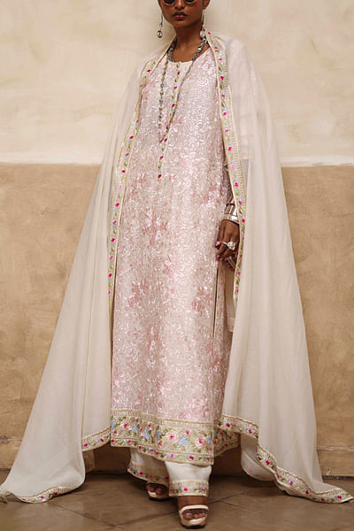 Ivory and pink floral gara embroidery kurta set