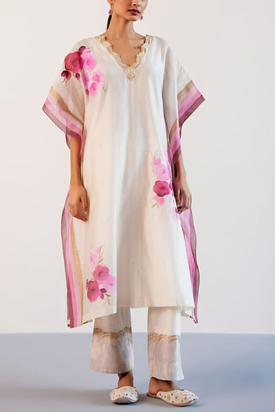 Ivory and pink floral hand painted kaftan set