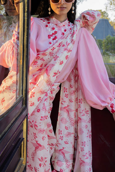 Ivory and pink floral printed sari set