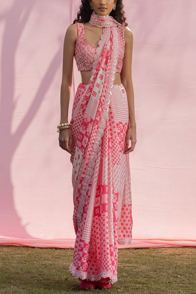 Ivory and pink geometric printed sari set