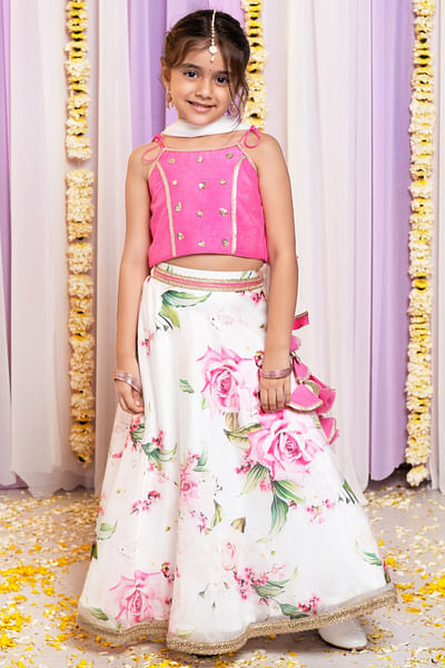 Ivory and pink printed organza lehenga set