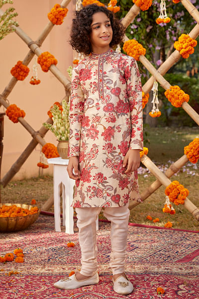 Ivory and red floral print kurta set