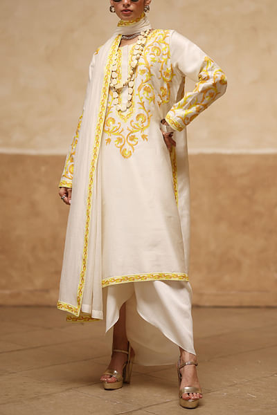 Ivory and yellow embroidered kurta skirt set