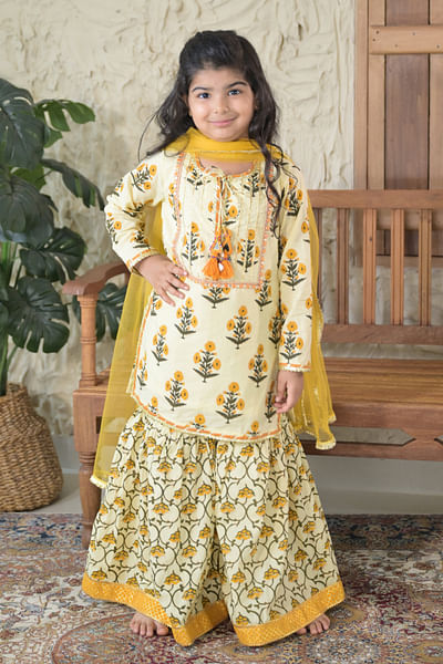 Ivory and yellow floral printed sharara set