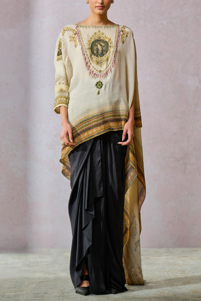 Ivory art printed embroidered asymmetrical top