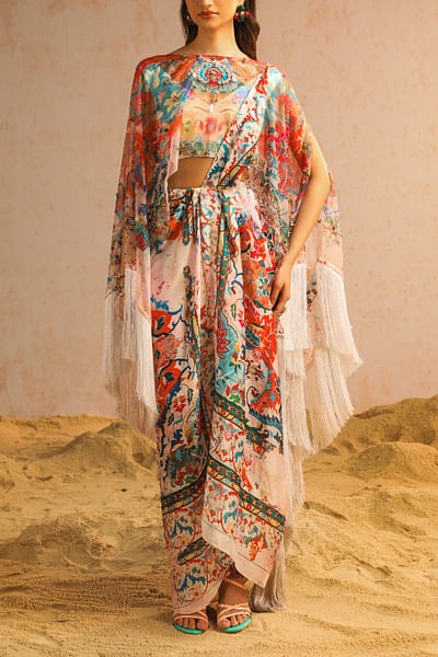 Ivory artisanal print draped sari and cape set