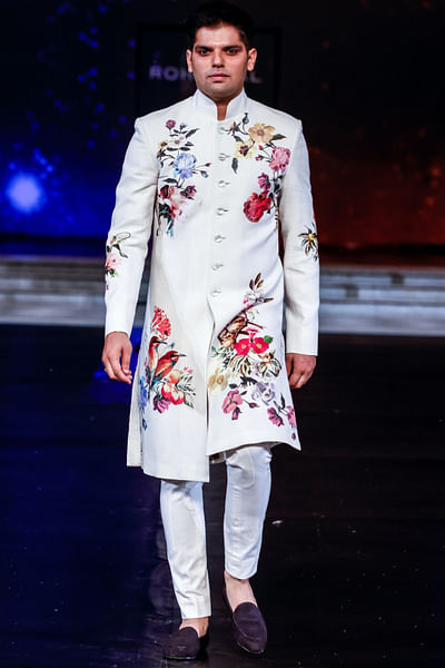 Ivory bird and floral printed sherwani