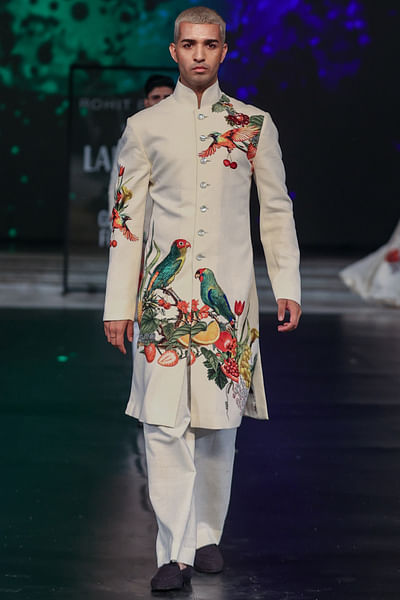Ivory bird and fruit printed sherwani