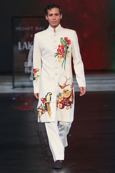 Ivory bird embroidered printed sherwani