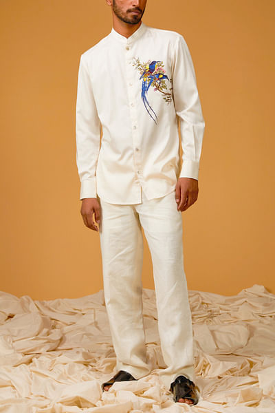 Ivory bird embroidered shirt
