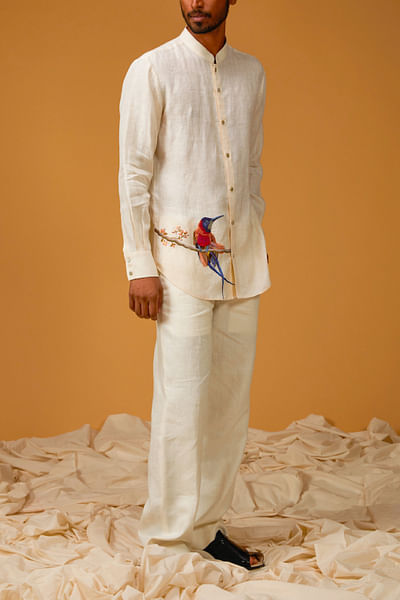 Ivory bird embroidery shirt