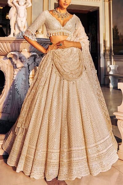 Ivory checkered pearl embellished lehenga set