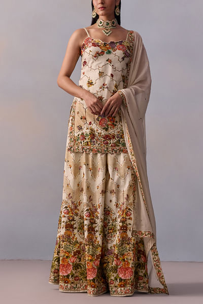 Ivory chevron and floral printed sharara set