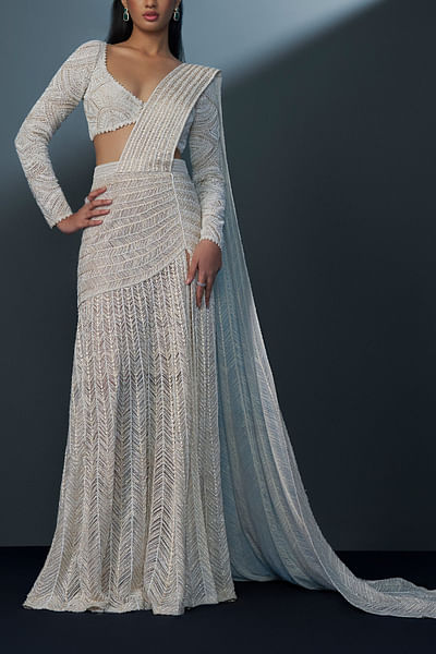 Ivory chevron embellished lehenga sari set
