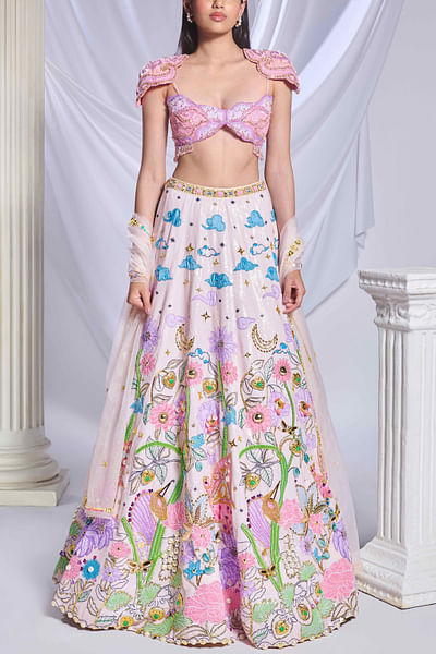 Ivory cloud and floral patchwork lehenga set