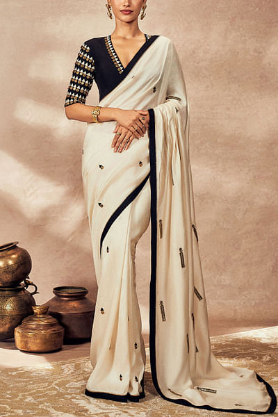 Ivory coin and gota embroidered sari set