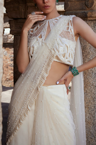 Ivory crystal and pearl embellished lehenga set