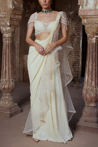 Ivory crystal and ruffled sari set