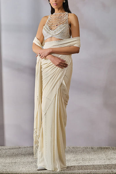 Ivory crystal embellished draped sari set