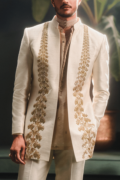 Ivory cutdana embroidered open jacket set