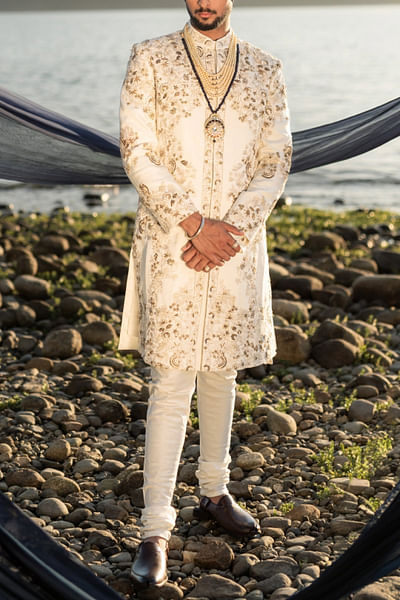 Ivory dabka embroidery sherwani full set