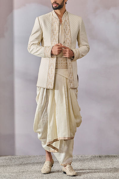 Ivory diagonal stripe embroidery bandhgala set