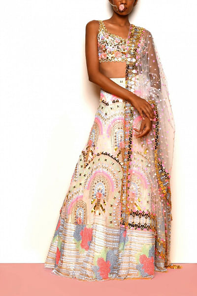 Ivory doorway embroidery lehenga set