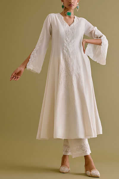 Ivory dori embroidered printed anarkali set