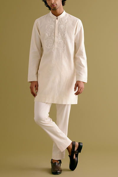 Ivory dori embroidery block printed kurta set