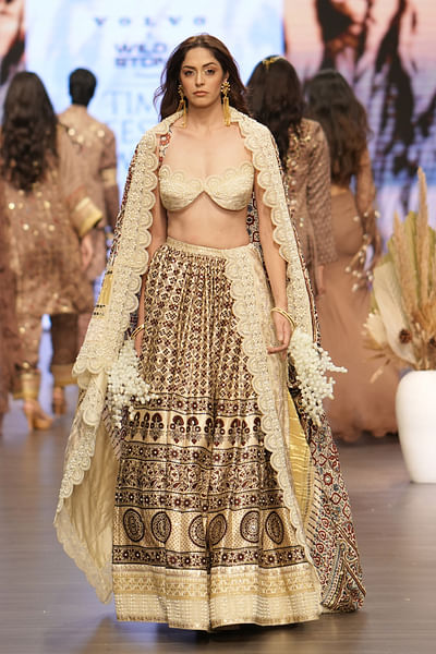 Ivory ecru ajrakh printed lehenga set