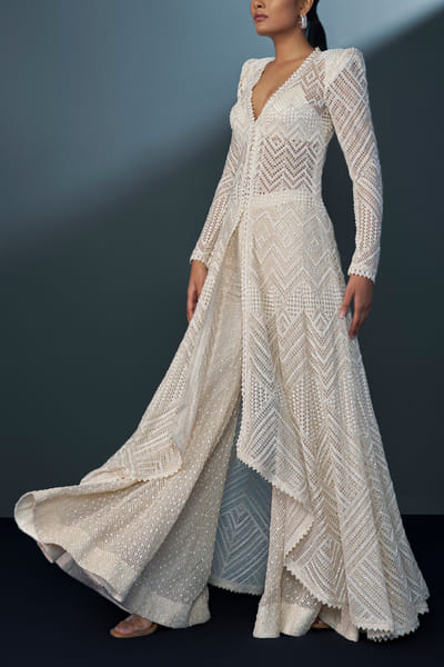 Ivory embellished high-low jacket sharara set