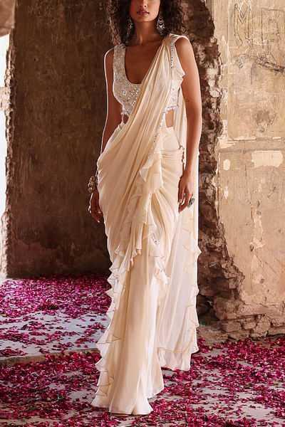 Ivory embellished ruffle pre-stitched sari set