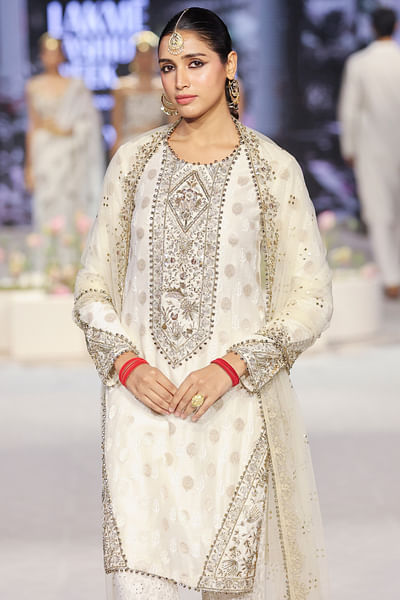 Ivory embroidered brocade kurta set