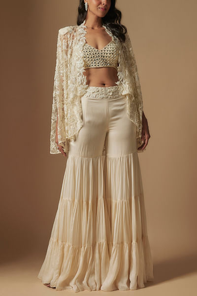 Ivory embroidered cape and sharara set