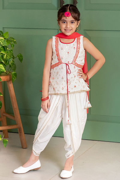 Ivory embroidered chanderi silk dhoti set