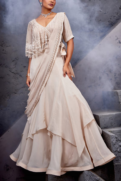 Miku Kumar Ivory embroidered draped sari set MKUJAN24D204