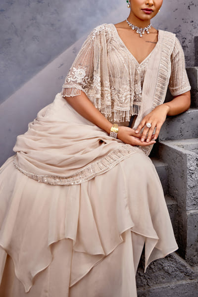 Miku Kumar Ivory embroidered draped sari set MKUJAN24D204