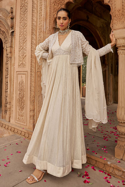 Ivory embroidered jacket anarkali set