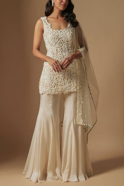 Ivory embroidered kurta and sharara set