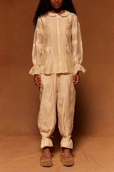 Ivory embroidered peter pan collar shirt