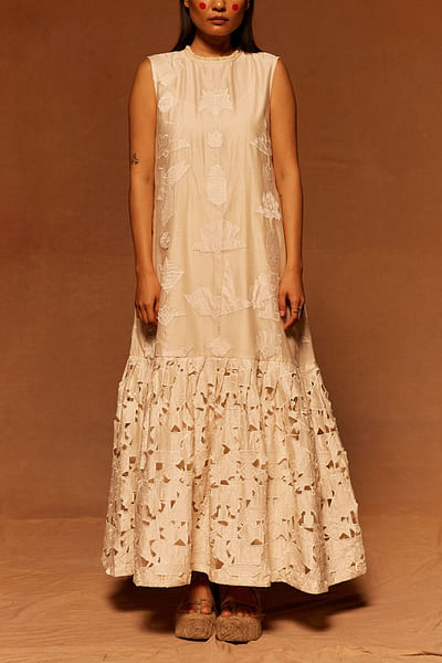Ivory embroidered pleated dress