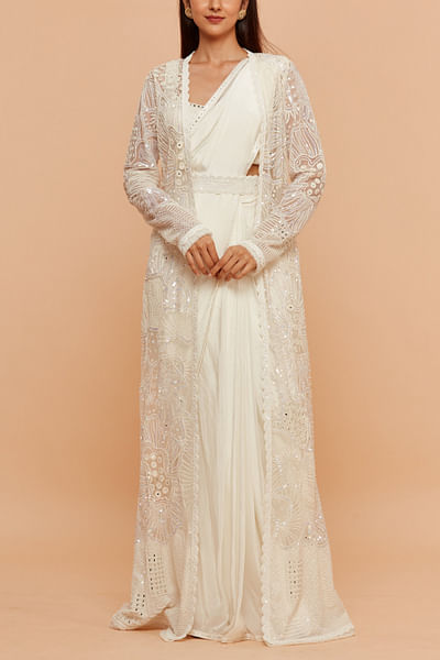 Ivory embroidered pre-draped sari set