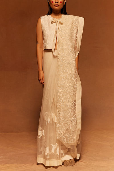 Ivory embroidered sari