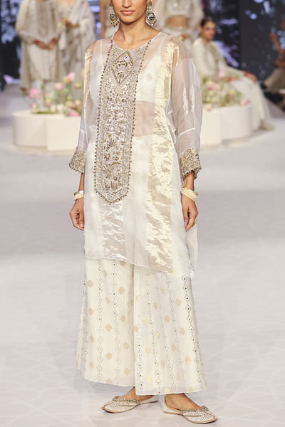 Ivory embroidered striped tunic set