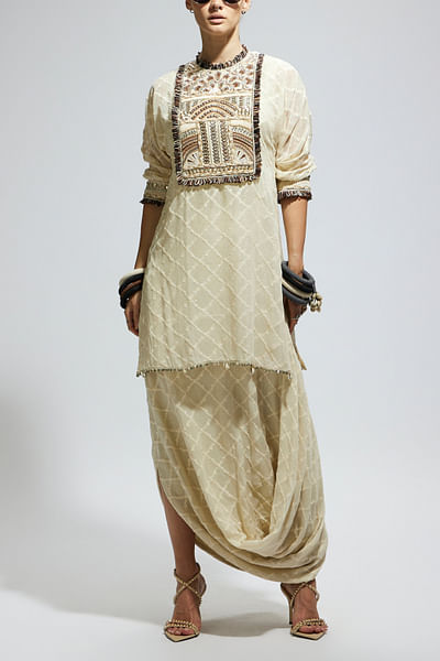 Ivory embroidery draped skirt set