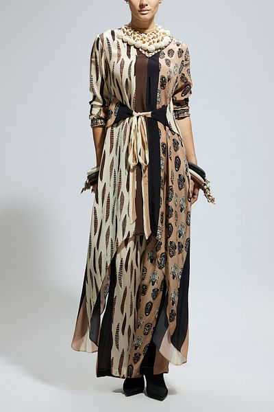 Ivory feather and mask printed tunic set